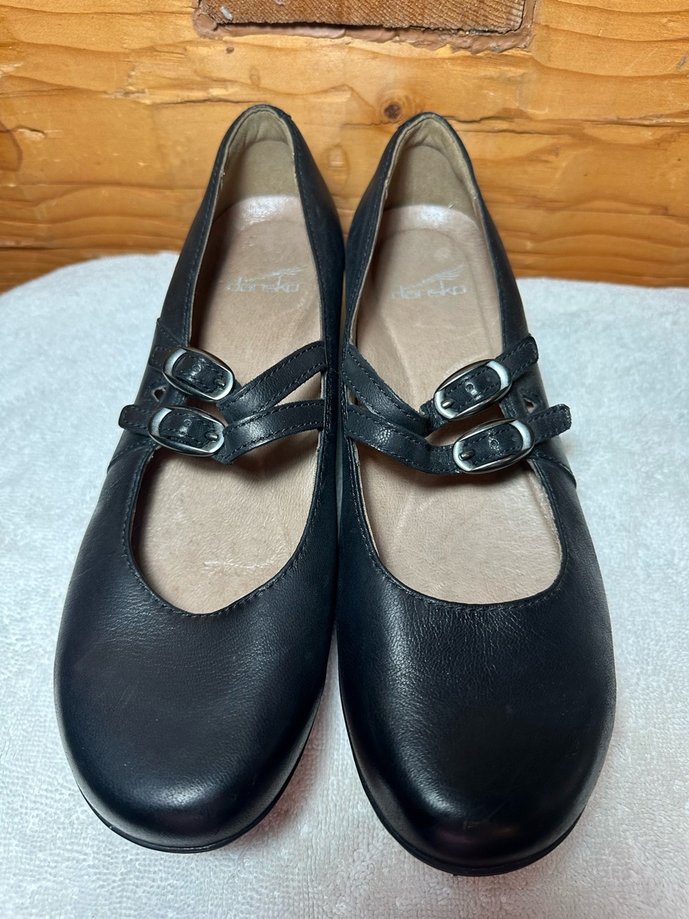 Dansko Fynn Mary Jane Shoes Womens 41 10 Black Leather Double Strap Buckle Wedge